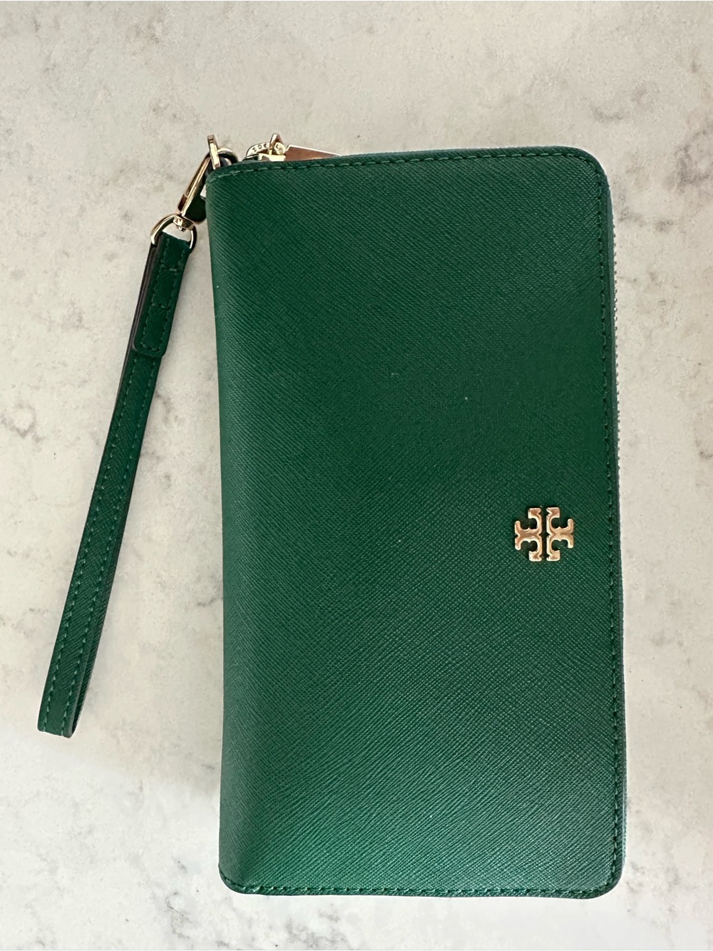 Tory Burch Emerald Green Leather Wristlet with Gold Logo